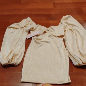 Oh Polly Cream Ruched Puffed Sleeve Mini Dress